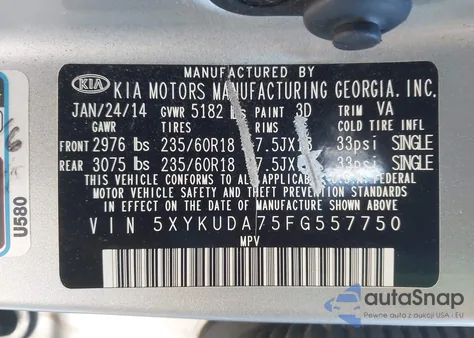 2015 Kia Sorento Ex V6 из США, поврежденный, VIN 5XYKUDA75FG557750